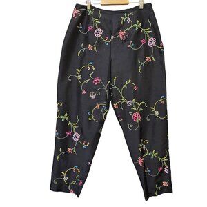 Vintage s.l.b Woman 100% Silk Pants Floral Embroidery Size 14W Black‎ Formal